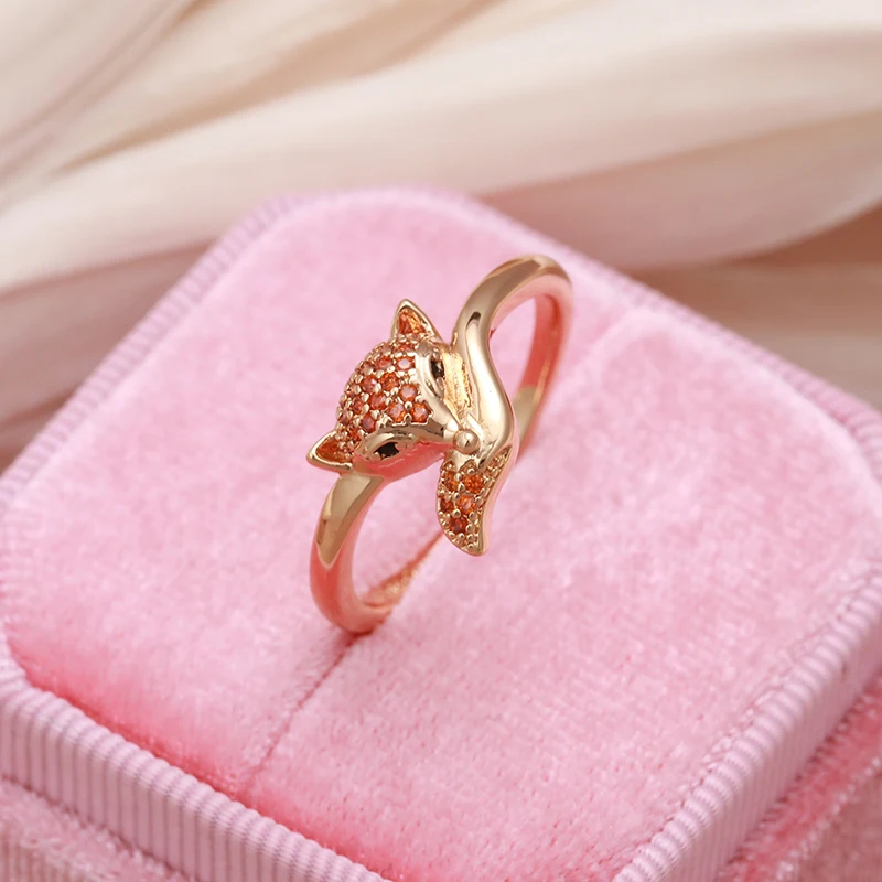 SYOUJYO Cute Red Fox Rings For Women Natural Zircon Paved 585 Rose Golden Animal Luxury Jewelry