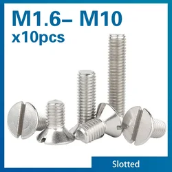 10pcs/lot Metric Threaded Slotted Flat Countersunk Head Machine Screw Bolt M1.6 M2 M2.5 M3 M4 M5 M6 M8 M10