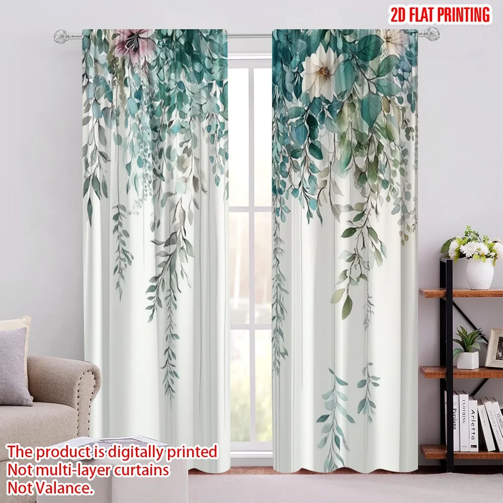 

2pcs Window Curtains Leaves and Wildflowers Machine Washable Fabric,Without Electricity Holiday Decorations Applies to Hotel
