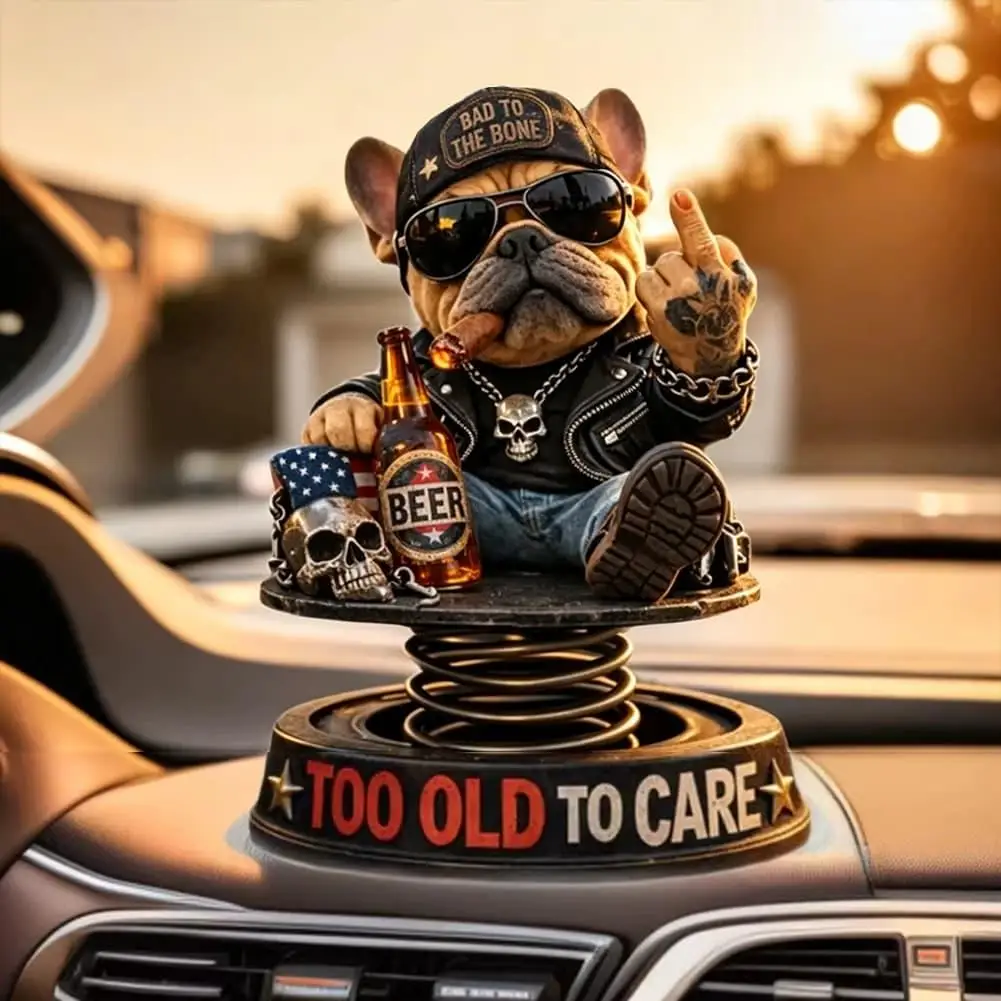  Head Shaking Ornament On Car Dashboard Cool Punk Bulldog Spring Swing Figurine Funny Auto Interior Decor For Truck SUV Gift