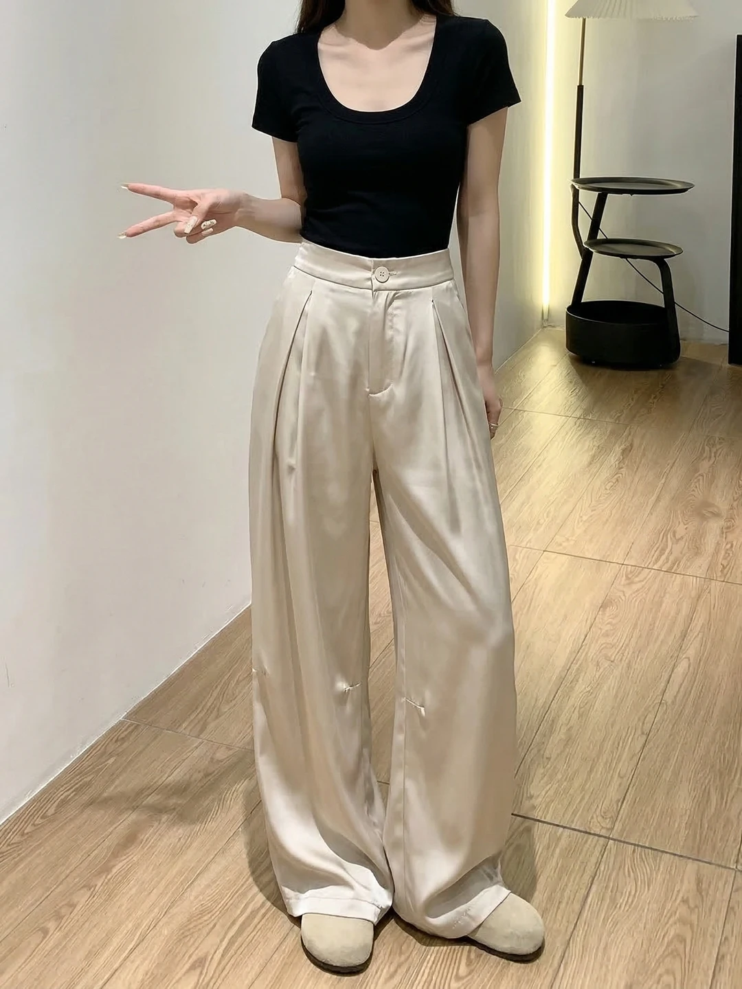 

Summer Large Size Acetate Satin Wide Leg Pants Women's Draped Straight Casual Pants Super Beautiful Slimming Floor-Length Pants