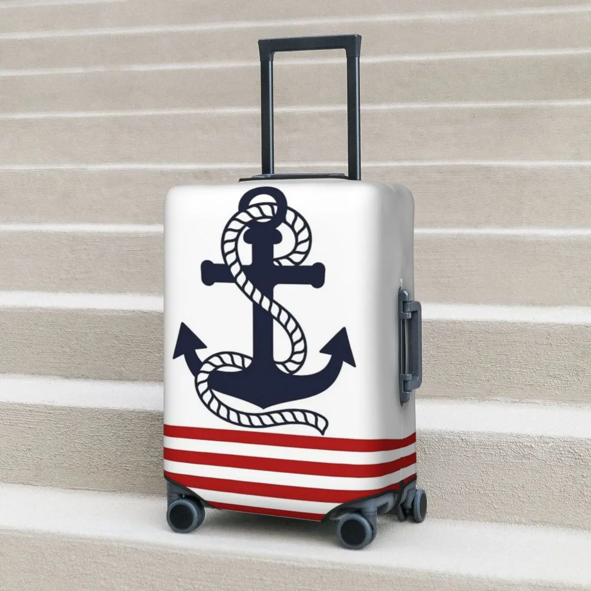 

Nautical Red And White Stripes With A Navy Blue Anchor Suitcase Cover Protection Elastic Travel Luggage Protector Covers