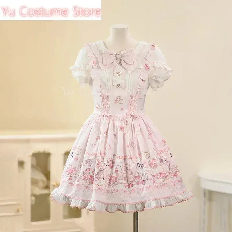 유 코스튬 일본 스타일 대량생산 소녀 귀여운 로리타 여성용 하이웨이스트 러플 프린트 스위트 카와이 숏 드레스 여름5;c,8'