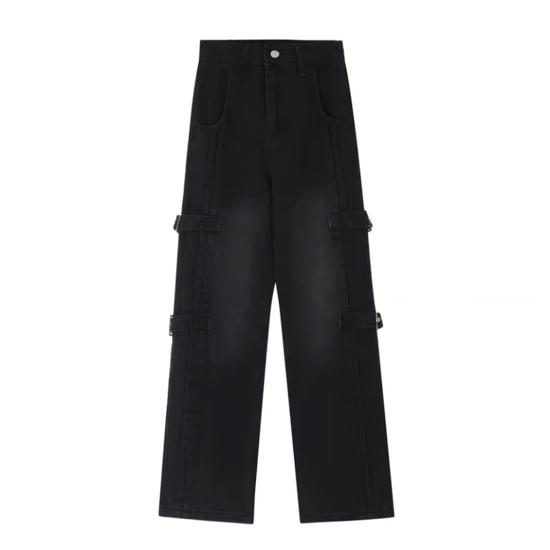 Mens Streetwear Cargo Pants Cotton Vintage Large Pockets Straight Leg Loose Pants High Street Casual Baggy Black Trousers Couple