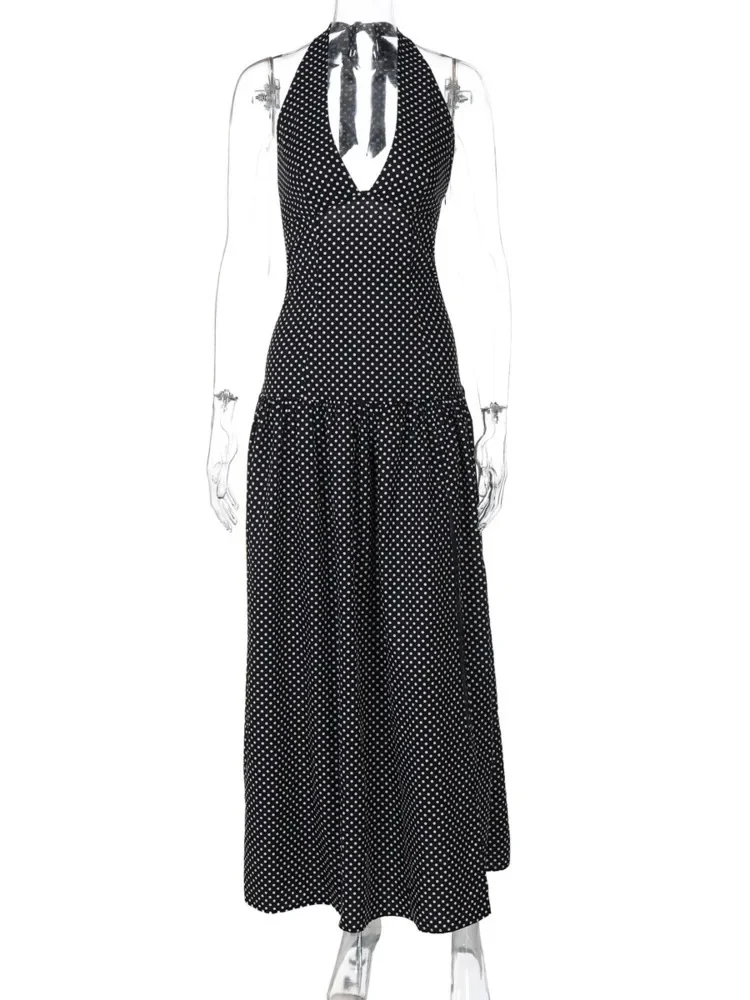 Polka Dot rückenfreies sexy Maxikleid für Damen, modisch, Neckholder, tiefer V-Ausschnitt, ärmellos, Oberschenkelhoch, geteilt, figurbetontes Clubkleid