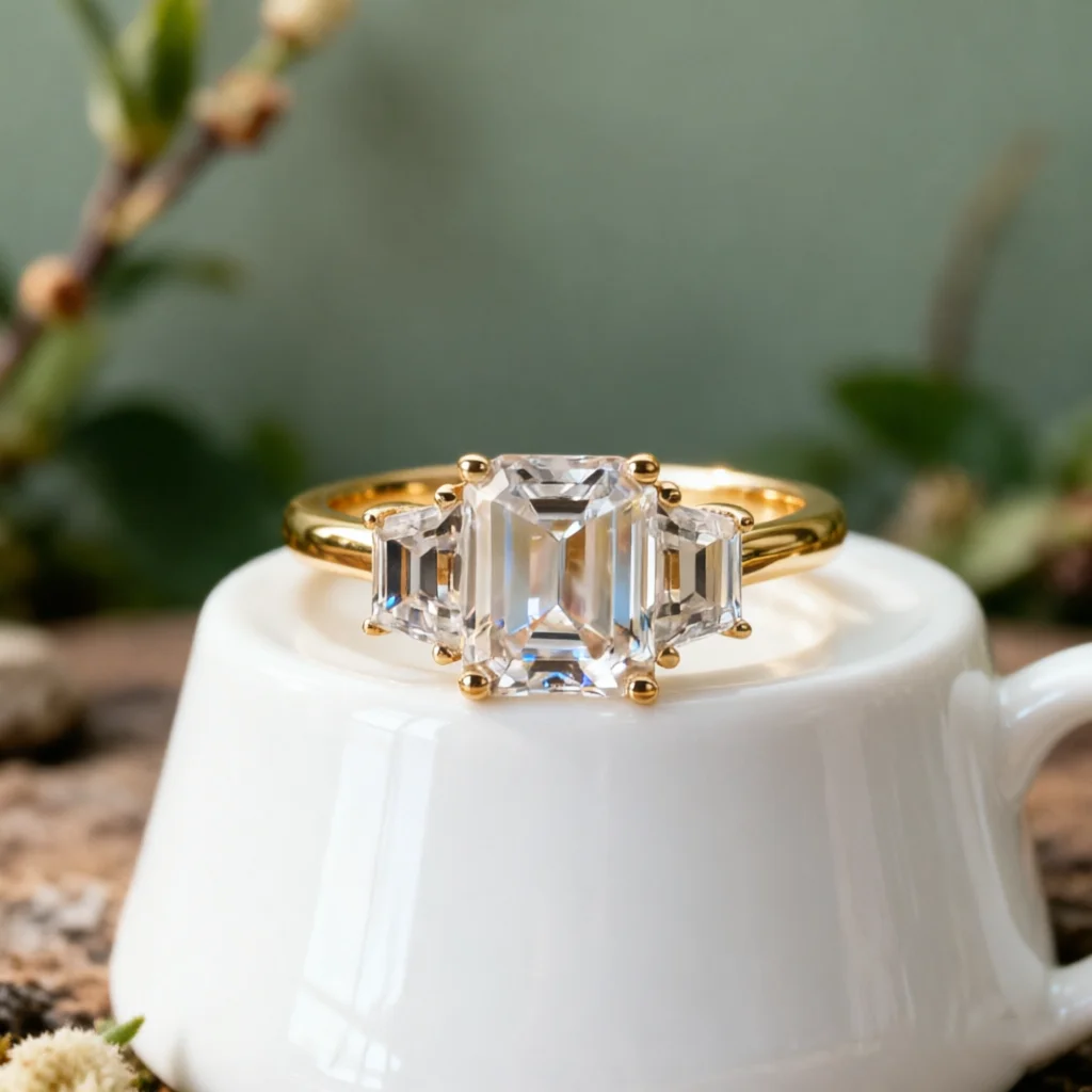 

CxsJeremy Solid 14K Yellow Gold Center 2ct 6*8mm Emerald Cut Moissanite Side Baguette 3 Stone Engagement Ring for Women Wedding