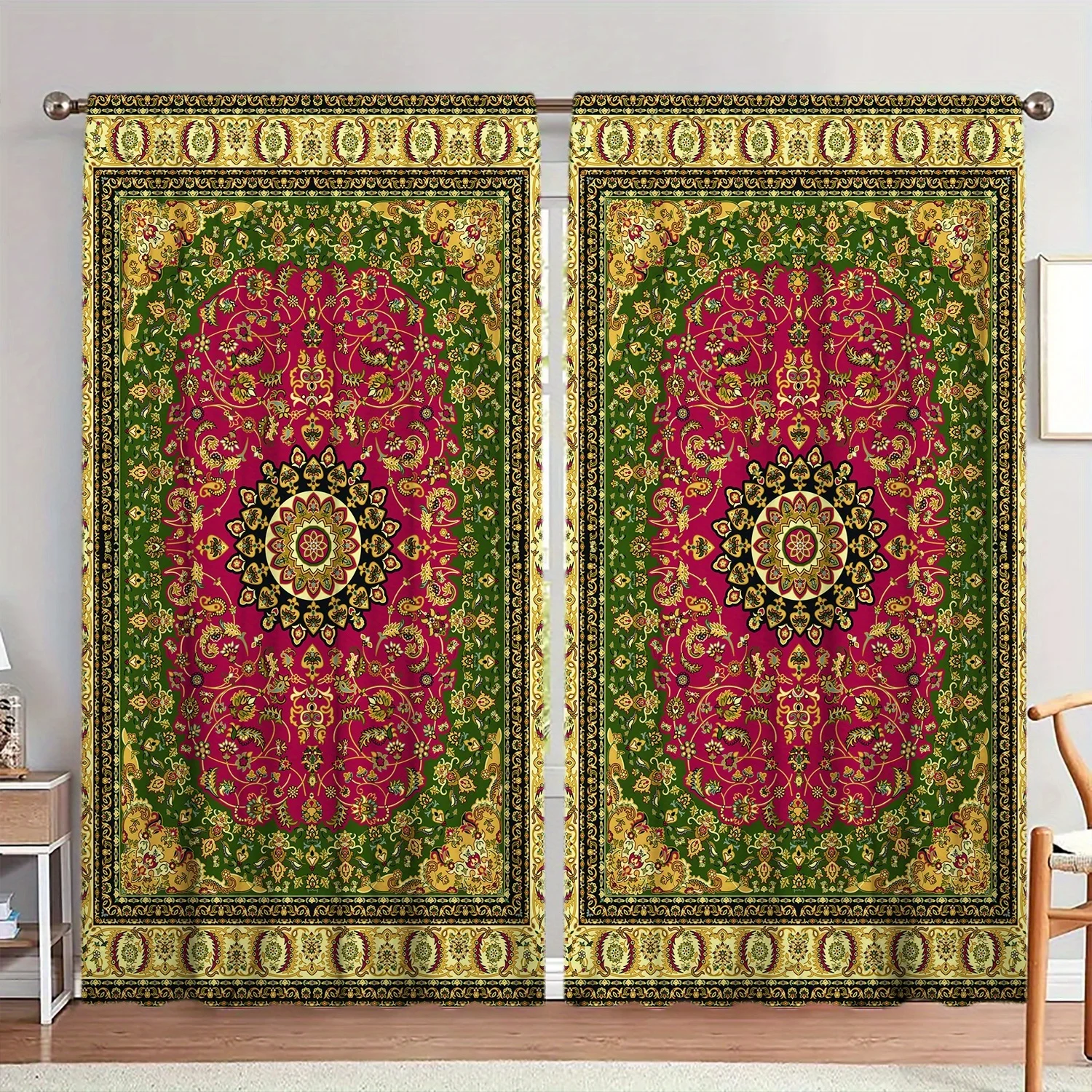 Ethnic Mandala Floral Window Curtains 2 Panels Classic Oriental Intricate Flower Medallion Light Blocking Curtains Boho Room