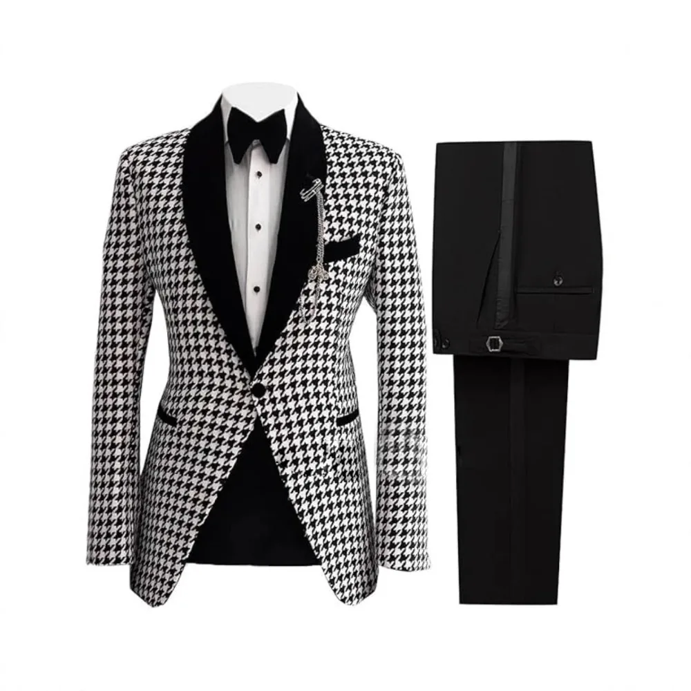 

Мужской приталенный смокинг из 2 предметов с узором «гусиные лапки», бархатная шаль с лацканами, свадебный