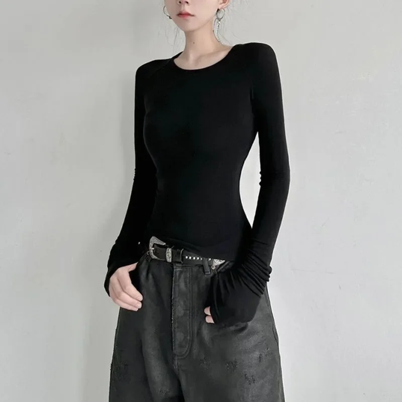 Women Gothic Raglan Long Sleeve Top Sheer Mesh Back Angel Rubber Print Slim Fit Y2K Streetwear Black Casual Basic Tee