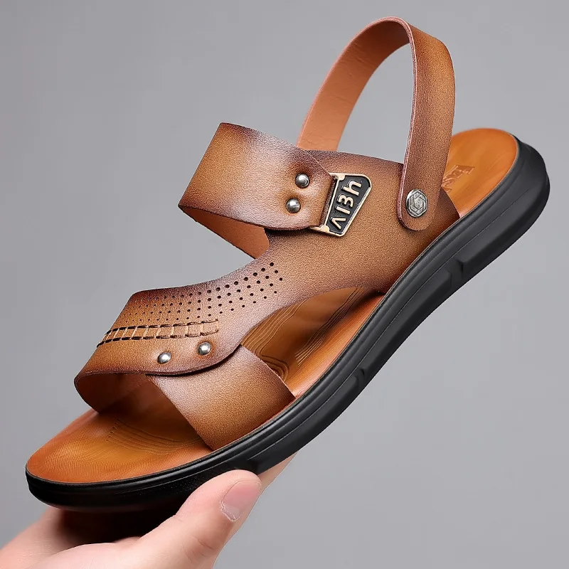 

Men Summer New Sandals and Slippers Men's Leather Sandals Adult Thick-soled Beach Shoes Non-slip Open-toe Leather Sandals