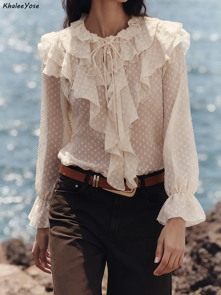 

Элегантная блузка во французском стиле с оборками, женская сетчатая тонкая бежевая рубашка на весну и осень с длинным рукавом, повседневная прозрачная сексуальная женская верхняя рубашка, новинка