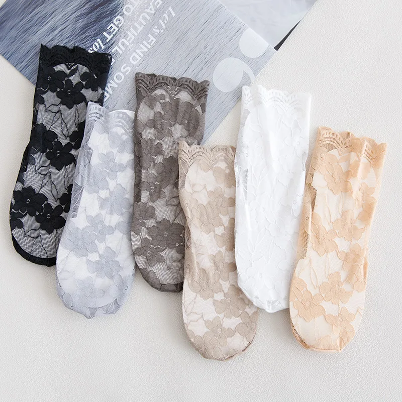 Elastic Socks Crystal Glass Silk Ultrathin Lace Literary Sale 5 Pairs Summer Transparent Lace Flower Mesh Anti Slip Short Socks