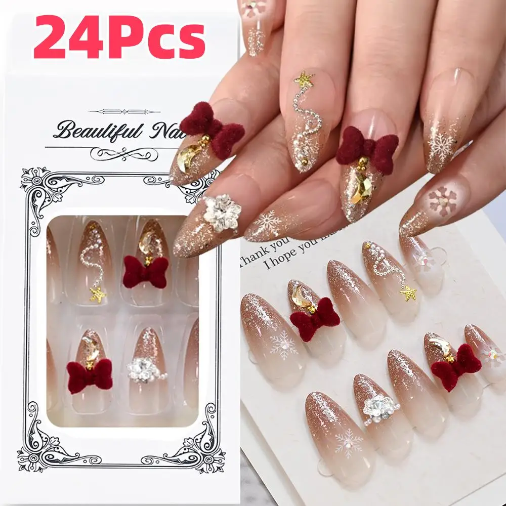24 Stücke 3D Weinrot Samt Schleife Weihnachten Drücken Sie Auf Nägel Nude Farbverlauf Mandel Künstliche Nägel Schneeflocken Stern Mond Anhänger Falsche Nägel 9