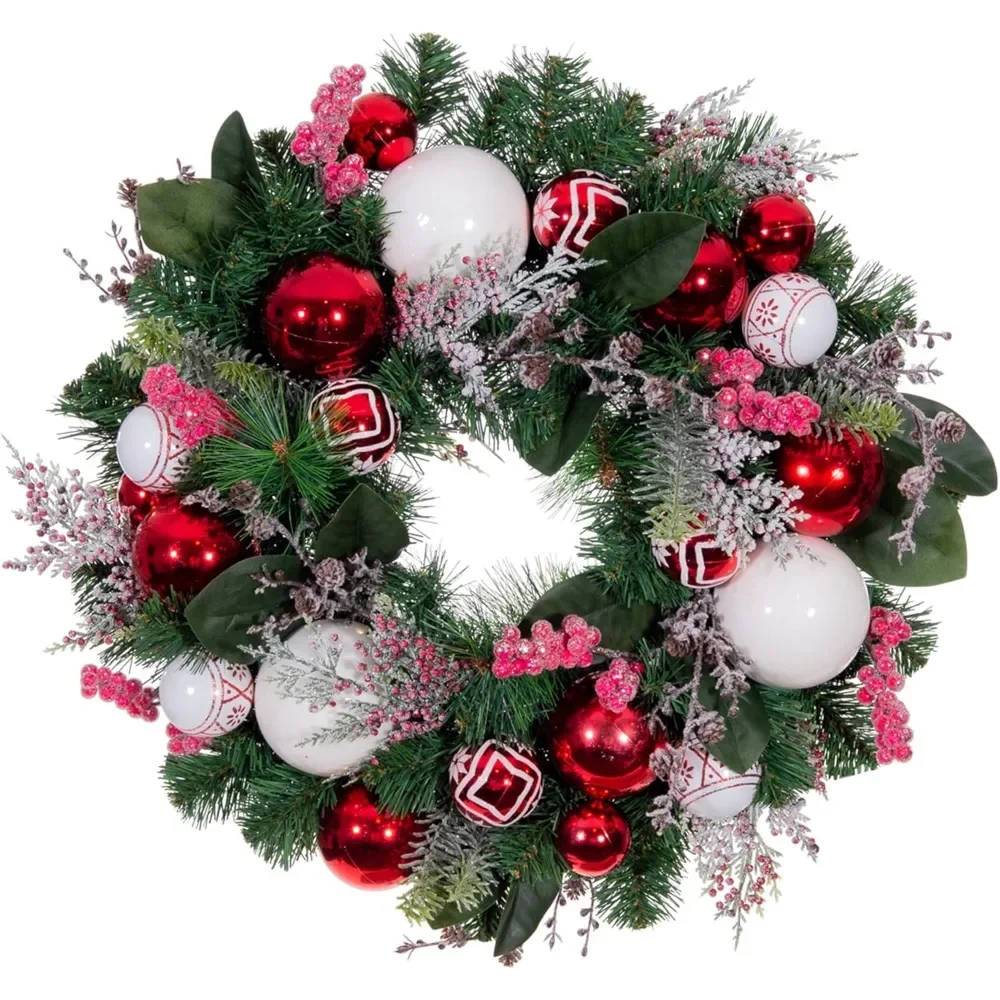 

24 Inch Artificial Christmas Wreath - Nordic Collection - Red and White Pre Lit Decoration with 35 Candy Cane Colored LEDs