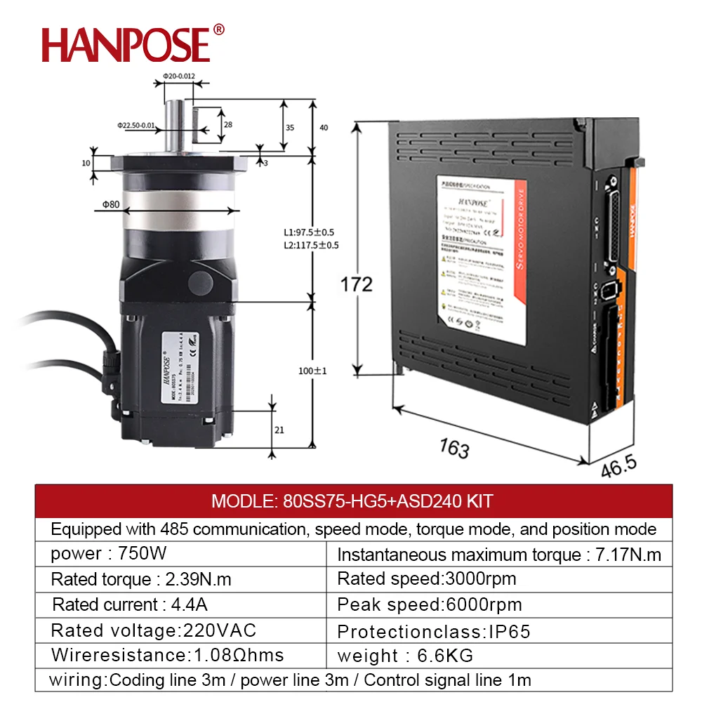 servo motor ASD275 servo drive 5.0A 2.39N.m 80SS75-HG10-1/80SS100HG High precision planetary reducer gearbox ac Servo Motor 750W
