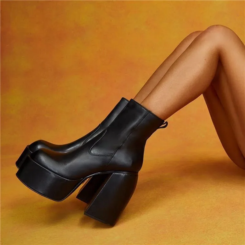 Women's Square Toe High Heeled Boots Long Short Tube Block Heel Punk Boots Women Platform Shoes Black Cowboy Boots for Women