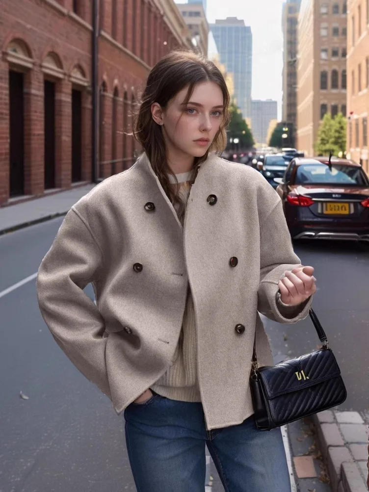 

Briti Sle Women's Coat Double Row Buttons Versatile Outerwear Autumn Season Street Sle Loose Fit Long Sve round Ne