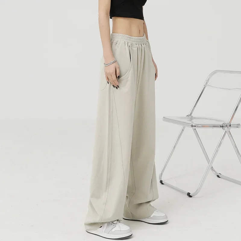 Fashionable Apricot Sport Pants for Women: Hiphop Loose Fit Wide-leg Trousers