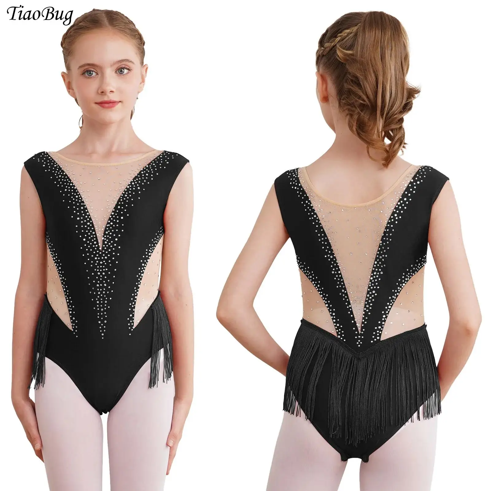 

Kids Girls Figure Skating Performance Costumes Shiny Rhinestone Fringed Leotard Sheer Mesh Patchwork Tassel Latin Dance Bodysuit