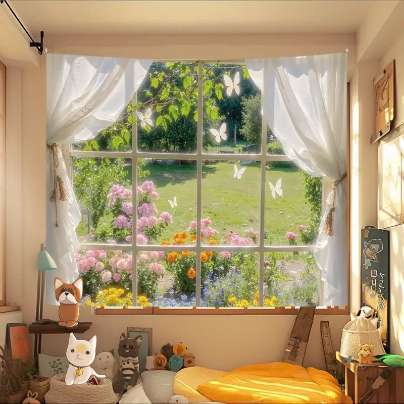 VIKAMA Korean Simulation Window Scene Tapestry Aesthetic Kawaii Healing Wind Wall Hanging for Bedroom Dorm Home Room Decoration