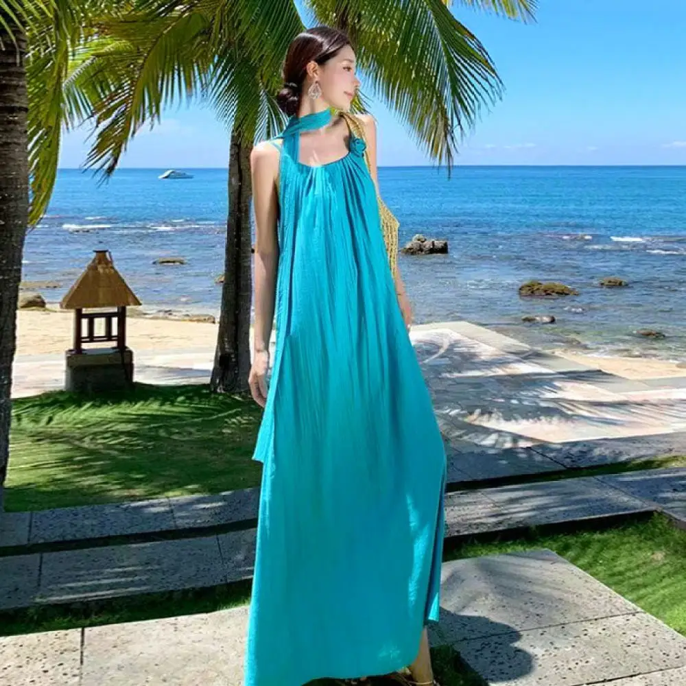 Summer Vacation Maxi Dress Women Sleeveless Backless Loose Fit Beach Sundress Elegant Casual Spaghetti Strap Long Wear