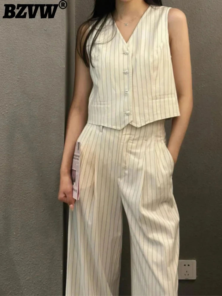 

BZVW French Retro Two-piece Set Women's V-neck Single Breasted Striped Vest With Wide Leg Pants 2024 Female Summer New 25A8649