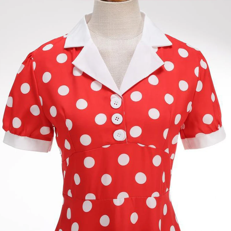Vintage Polka Dot Sommerkleid Damen 1950er 60er Jahre Kerbkragen Kurzarm Gürtel Elegante Retro Kleidung Party Casual Kleid Neu
