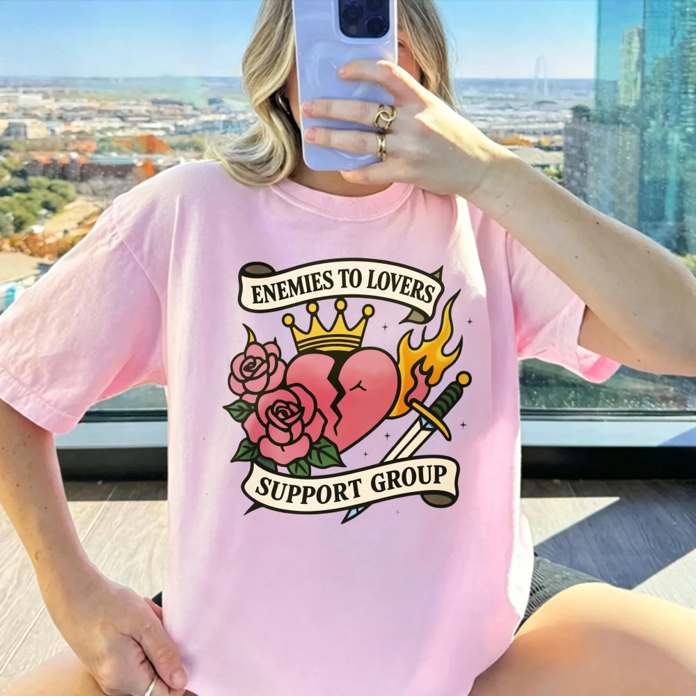 Enemies To Lovers Support Group Graphic T-Shirt Vintage Tattoo Heart Sword Rose Dark Romance Book Lover Summer Fan Gift Tee