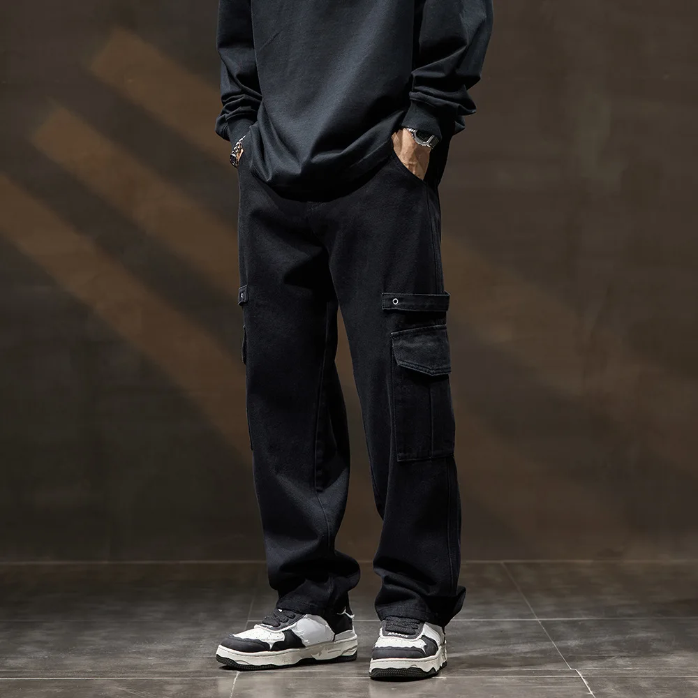 

American New Fashion Men's Casual Trendy Black Solid Color Multi Pocket Loose Wide Leg Straight Denim Trousers Male Streetwear
