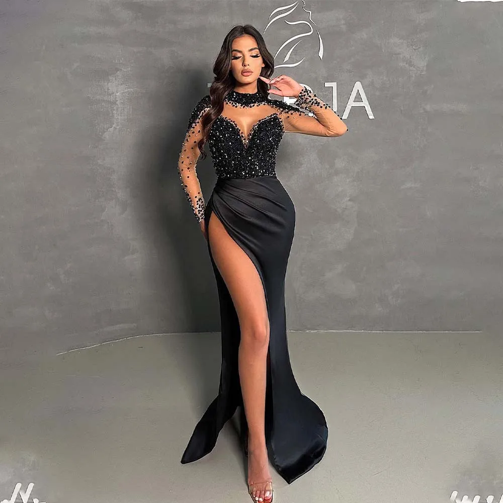 

Black Sheer Illusion High Neck Full Sleeves Stunning Beaded Sequined Mermaid Evening Dresses Side Slit 2024 Formal Party Grown