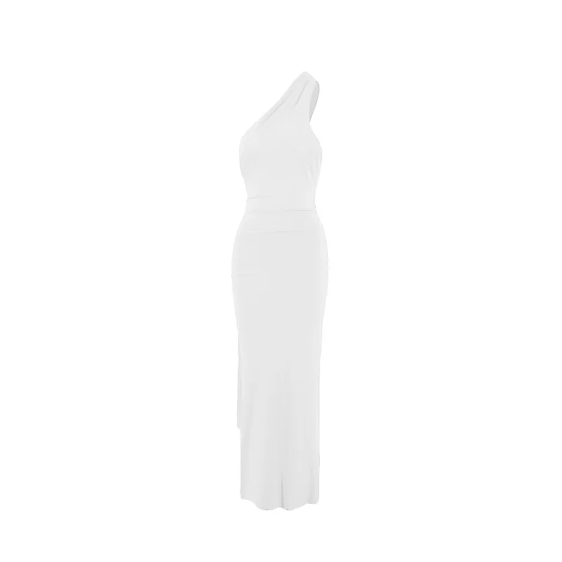 Women's One-Shoulder Sleeveless Maxi Dress Adjustable Scarf Loop Ruched Backless Bodycon Festival Party Outfit Elegant Long Gown