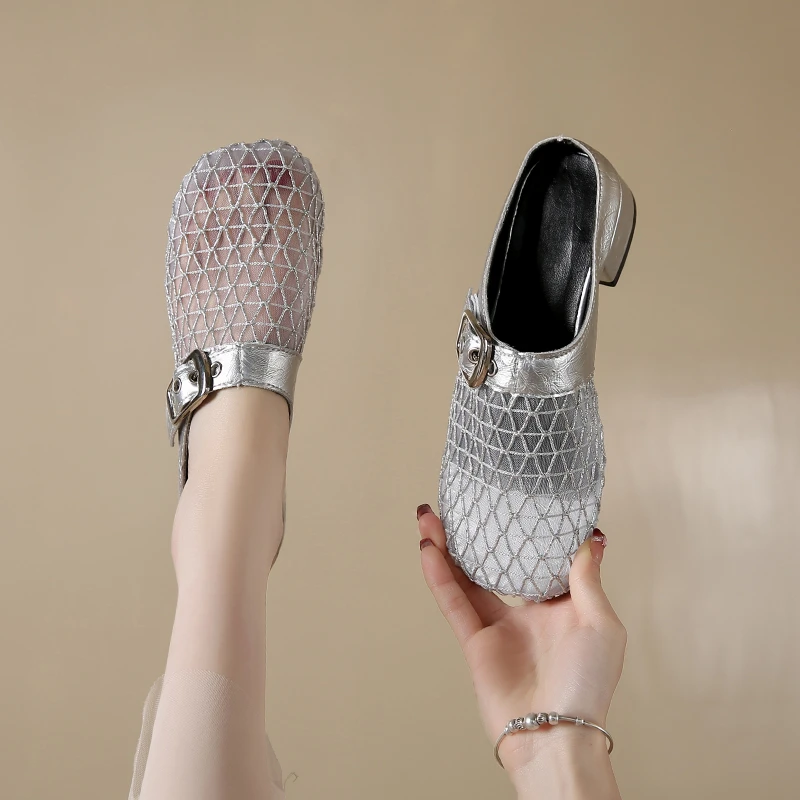 Damen-Maultiere, Hausschuhe, 2025, Sommer, klobiger Absatz, Freizeitschuhe, Damen, atmungsaktive Mesh-Hausschuhe, Damen-Designer-Sandalen mit Schnalle und Dekor