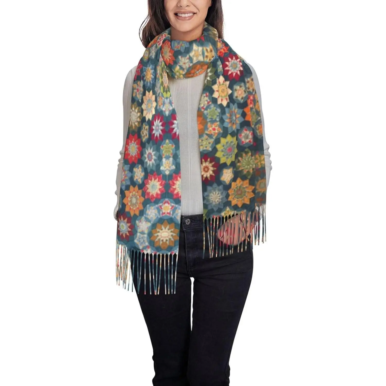 

Женский шарф с бахромой в богемном цветочном принтом, мягкий легкий шарф из полиэстера с кисточками, осенне-зимний модный шарф