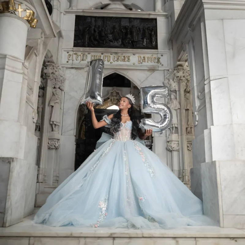 

Light Blue Quinceanera Dress off-shoulder Crystal 3D Flower Decal Long tail Bow vestidos de 15 Quinceanera ﻿Customized