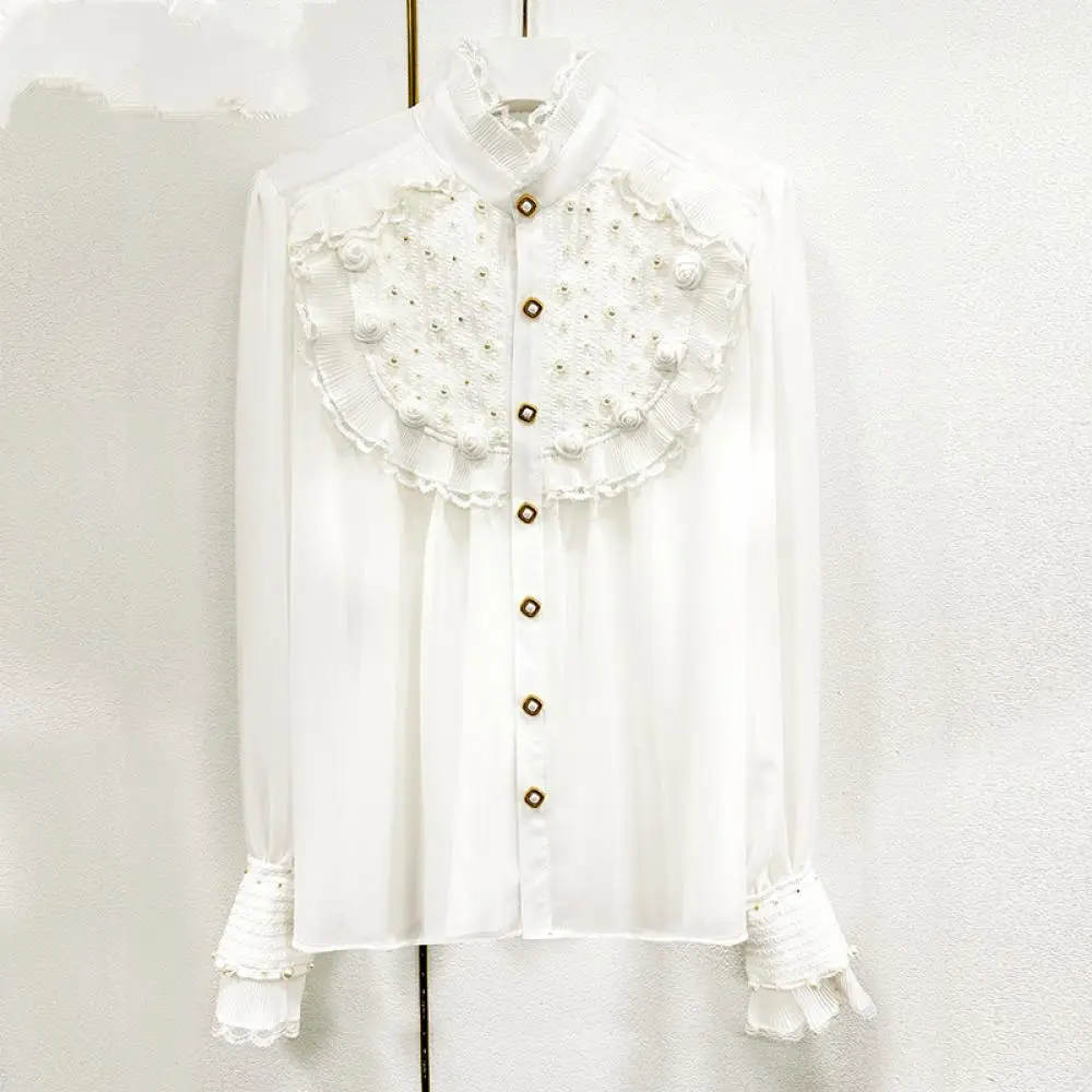 

2024 Spring Vintage Palace Style White Dot Beading Lace Standing Collar Wooden Earrings Studded Flower Loose Shirt Women Blouses