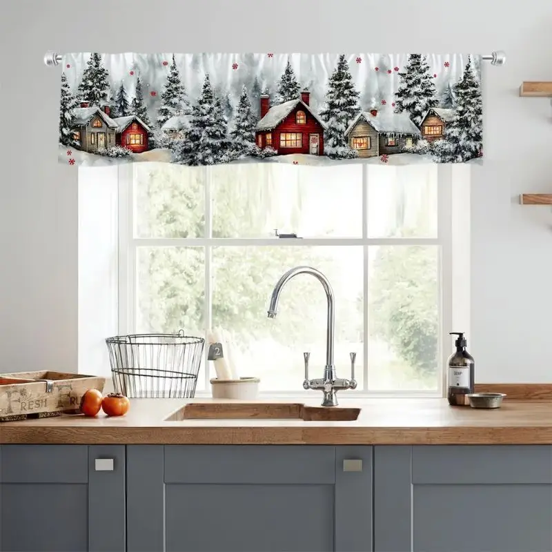 VIKAMA Christmas Window Valance Retro Red Deer Snowflake Xmas Balls Pine Tree Kitchen Farmhouse Holiday Window Decor
