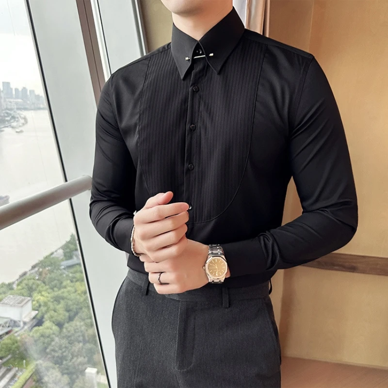 2023 autumn Pleated Metal Decorative Shirt Men Long Sleeve Casual Business Dress Shirts Social Party Tuxedo Blouse men clothing