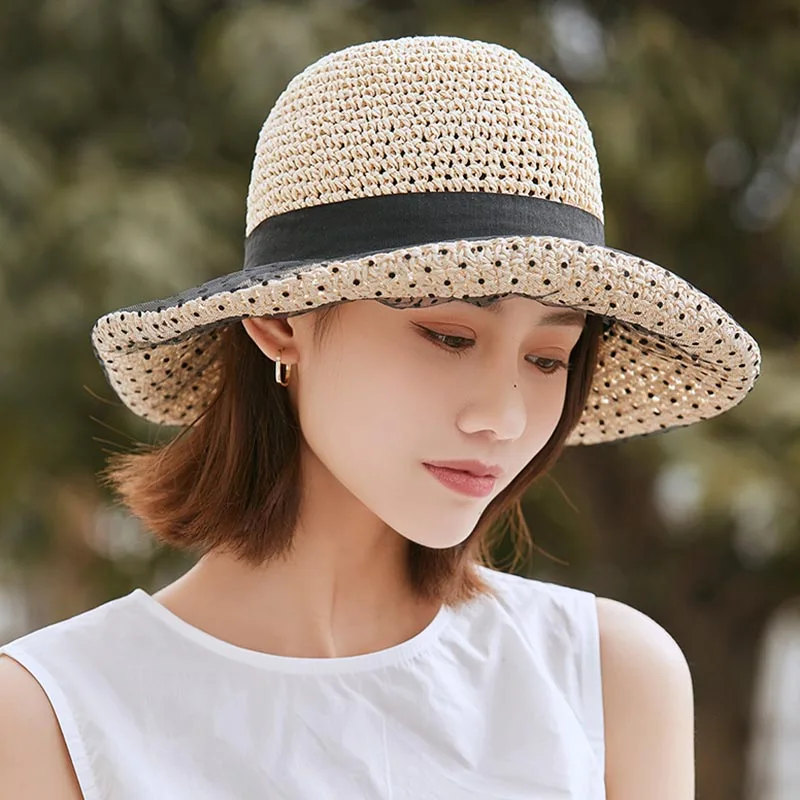 Sun hat for women Beach Hats Women Summer new Dot lace stitched paper grass sombrero breathable Sun Protection fisherman hat