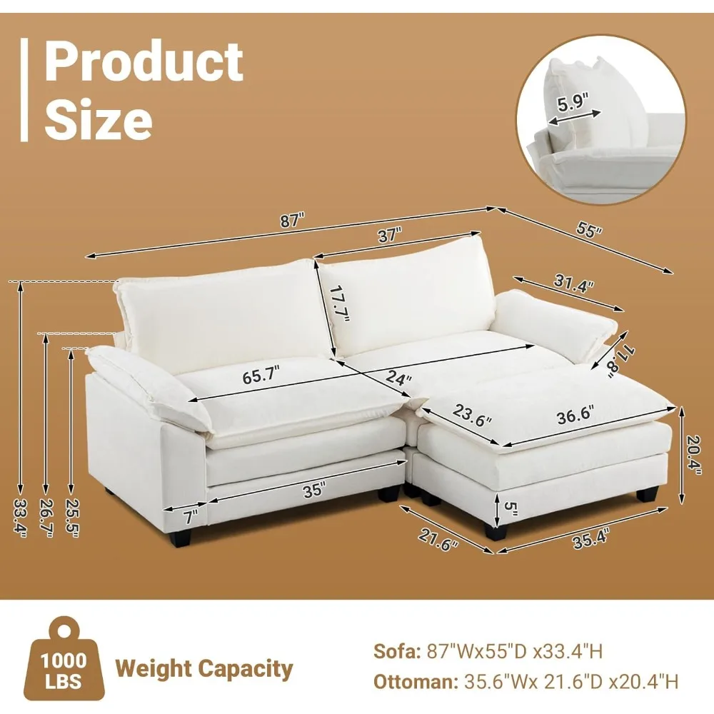 أريكة مقطعية قابلة للتحويل مقاس 87 بوصة، أريكة بمقعد عميق على شكل حرف L لغرفة المعيشة، أريكة حديثة بمقعدين مع مسند للصغار