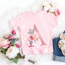 Retro Flowers T-shirt Cotton Pink Lucky Letter  26 English letters A B C D  Kids Girl Boy Children Trend T Casual Clothes Short