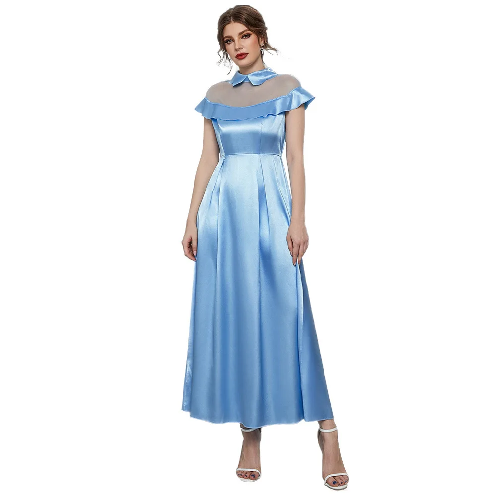 ZTY-21527 Vestido largo de malla azul brillante para mujer, falda acampanada de cintura alta, verano