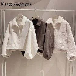 Kuzuwata Japanese Vintage Peter Pan Collar Jackets Solid Lantern Sleeve Single Breasted Outwears Loose Elegant Warm Coat Women