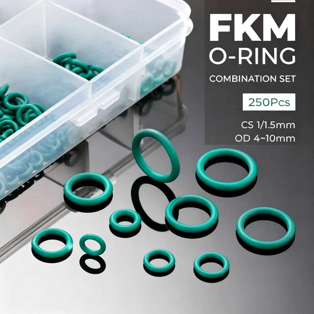 250Pcs FKM Green O-Ring Sealing Gasket Set High Heat Acid Resist Fluorine Rubber Seal CS1/1.5 OD4-10mm Machinery Repair O Rings