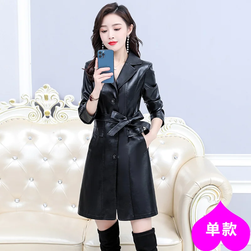 Women's Leather Long Slim Belt Windbreaker, Sheepskin Leather Jacket, Female Overcoat, Spring Outwear, Autumn, New, JJ307