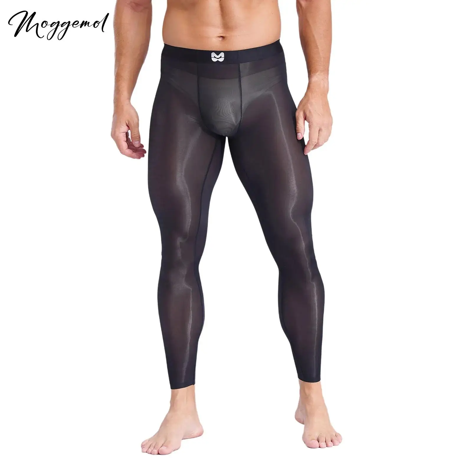 Mens Sheer Silky Yoga Fitness Leggings Seamless Ultra-Thin Bulge Pouch Tights See Through Stretchy Pants for Gym Sports Workout