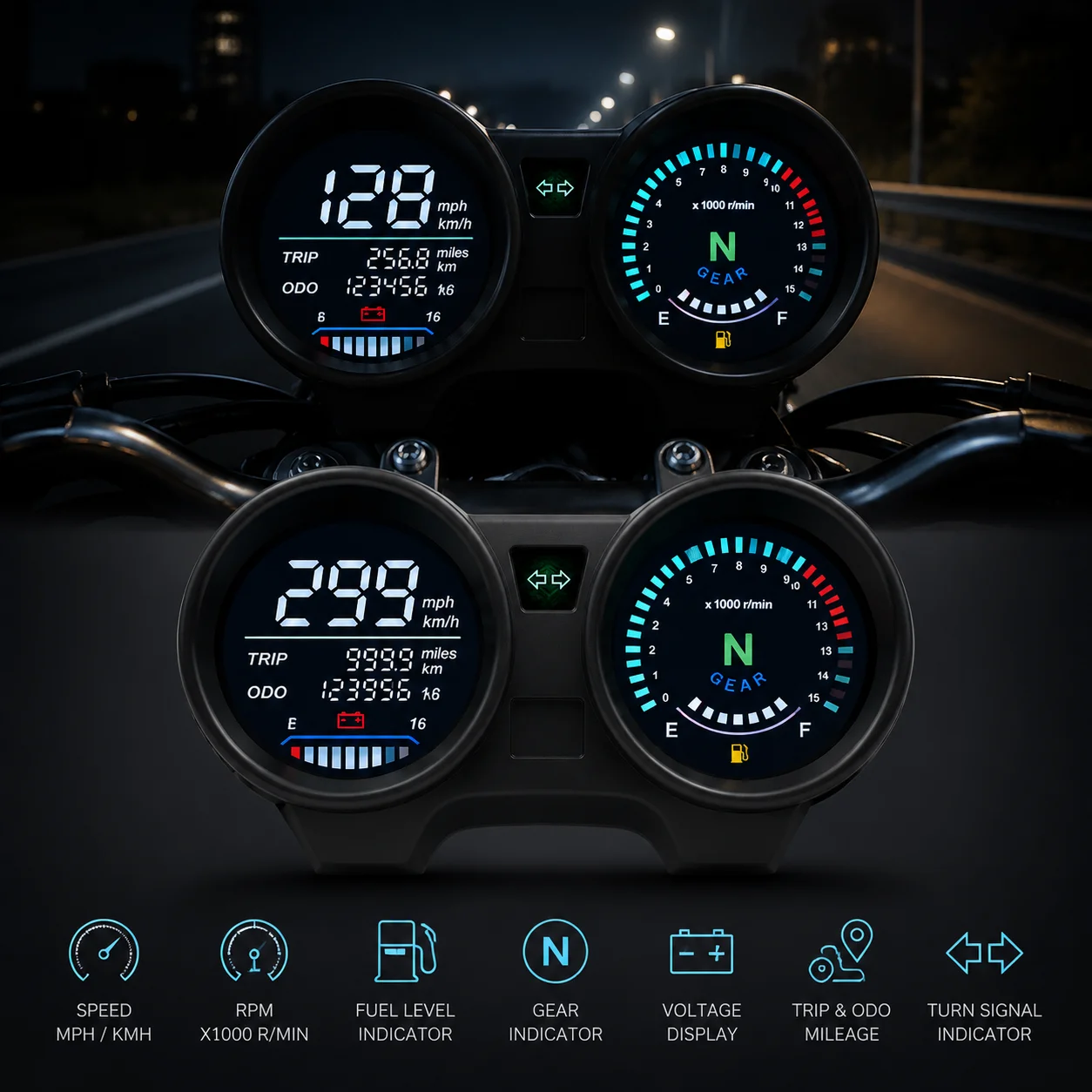 Dual Dial Motorcycle Digital LCD Speedometer Tachometer Odometer Voltage Fuel Gauge LED Dashboard Instrument Fit Titan150 Motorb