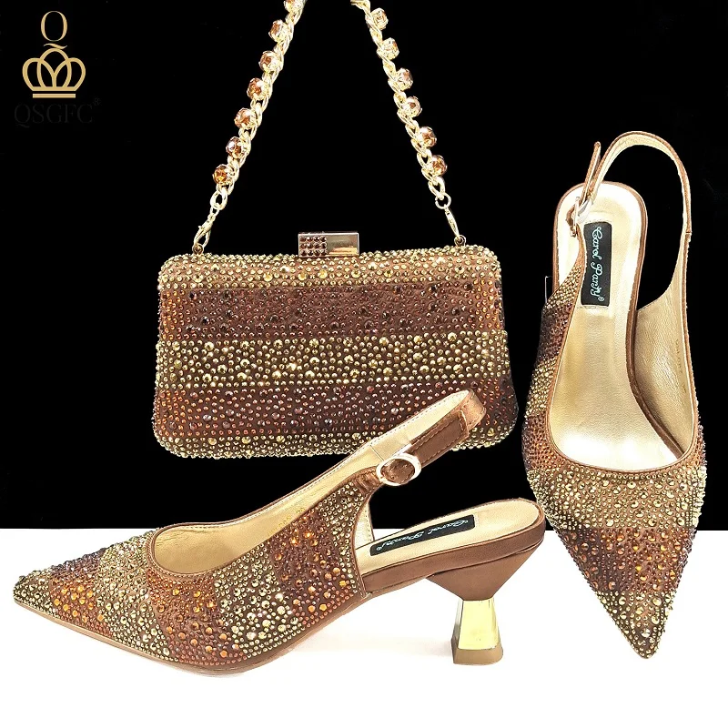 Spring and summer new striped rhinestone banquet handbag banquet dress shoe bag set large size pointed high-heeled women sandals