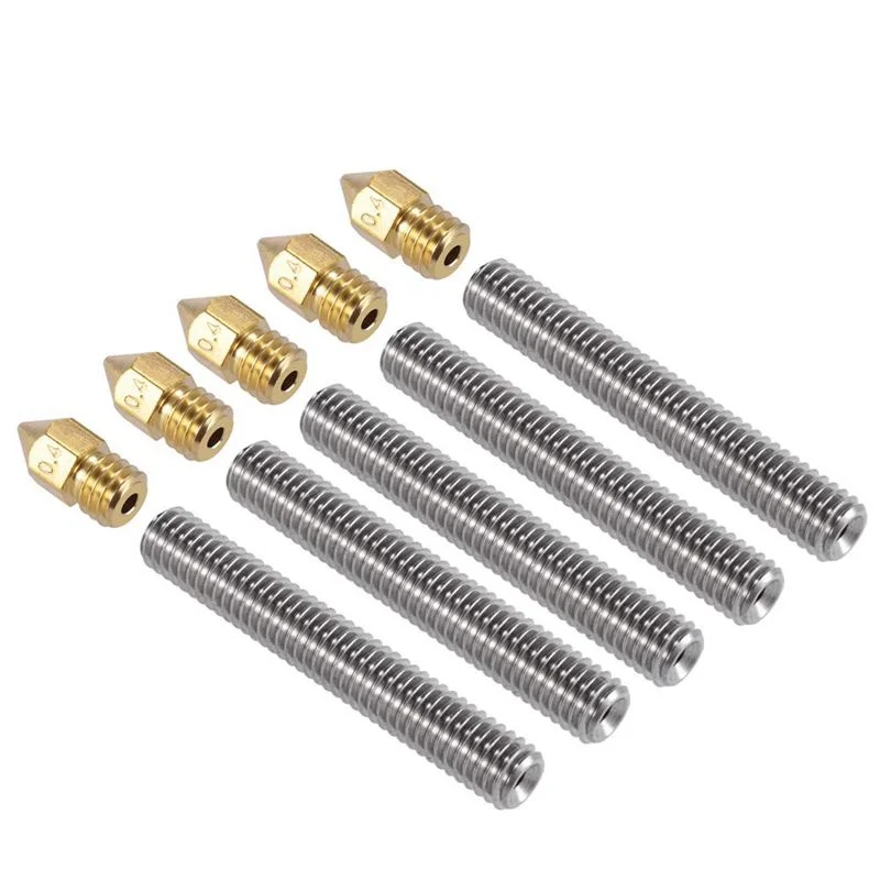 

Aokin 5Pcs M6 x 40mm Stainless Steel Nozzle Throat + 5pcs 0.4mm Brass Extruder Nozzle Heads for Anet A8 MK8 Reprap 3D Printers