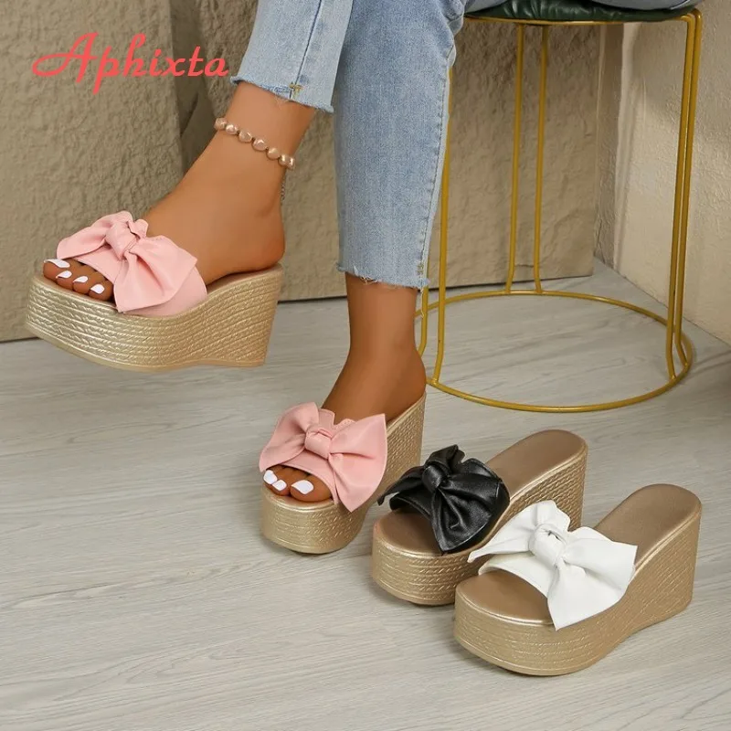 

Women's Bow Platform Wedge Heel Slides, Open Toe Summer Beach Sandals, Casual Thick Sole Slippers, Size 35-43