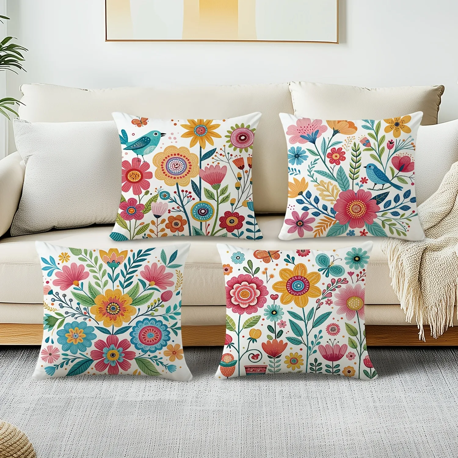 Colorful Floral - Bird Cheerful Pillow CoversLiving room sofa cushion cover, soft and comfortable, bedroom room decoration